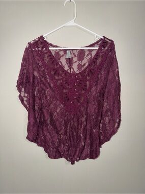 Vanity Burgundy Floral Lace Sheer Blouse – Size M